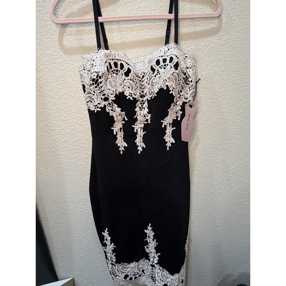 NWT Haute Monde Black Lace Applique Bodycon Dress Small Sweetheart Bustier
